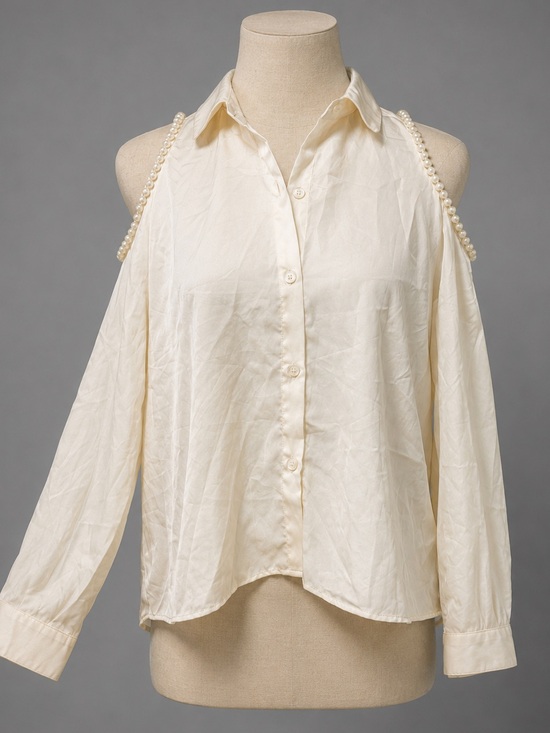 Tops - Romantic Sheer HiLo Pearl Accent Cold Bare Shoulder Cream Dressy Shirt Top sz S